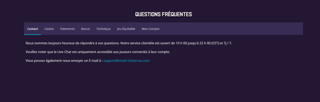 contact sur questions frequentes mister caz